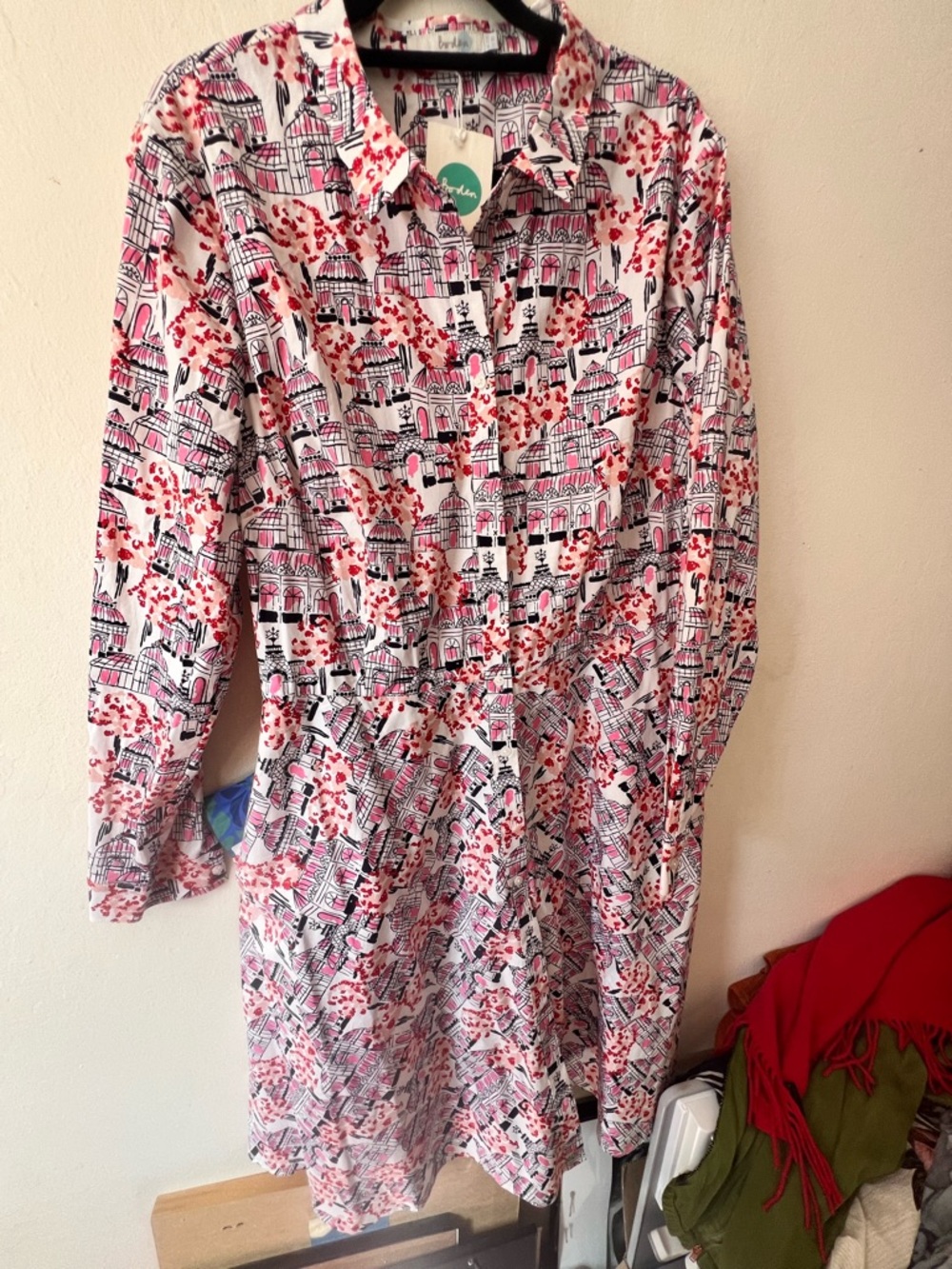 Boden White Shirt Dress with Pink and Red Floral City Print